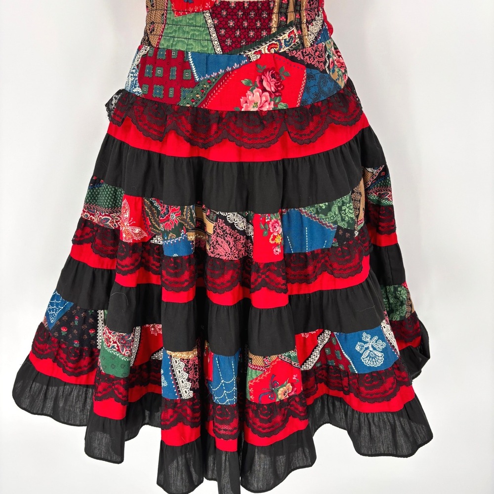 Square Up Fashions Vintage Patchwork Prairie Skirt Lace Trim Tiered Western S